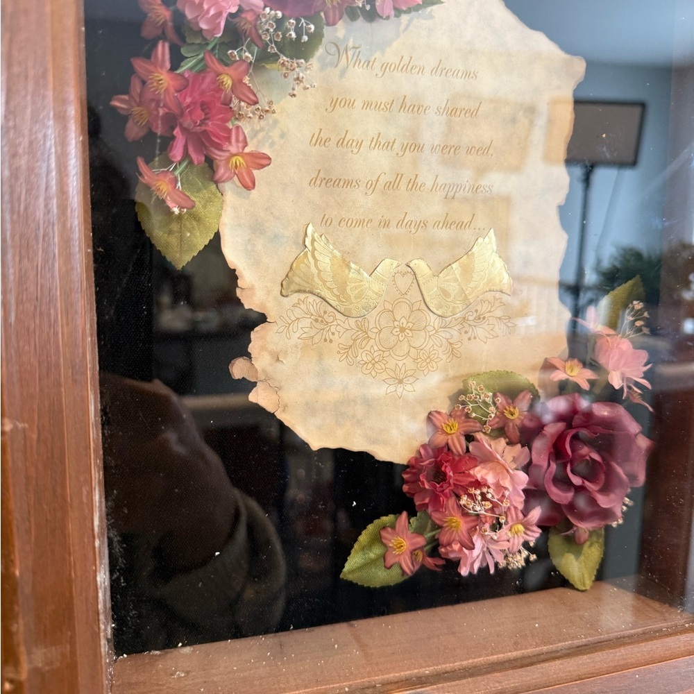 Vintage Wedding Shadow Box – Floral Art with Doves and Poetry – 15.5x13x2" - Picture 5 of 14